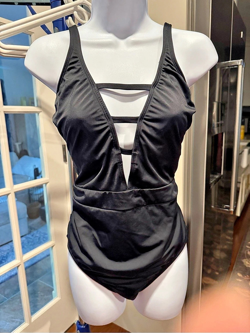 Time and Tru Black Strappy V-Plunge One-Piece Swimsuit Size Large